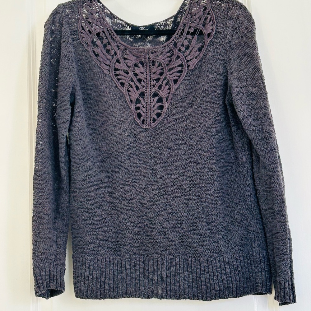 Mavi Gray Crew Neck Open Knit Sweater with Crochet Detail Women’s Size Medium